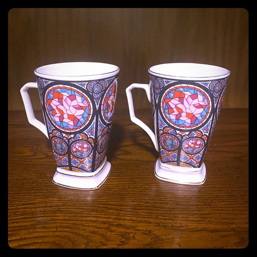 Past Times Rose Window Fine Bone China Mug Set | Oxford England | Stained Glass